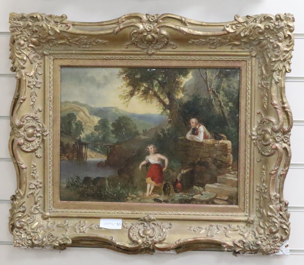 Early 19th century English School, oil on canvas, Figures beside a spring, 31 x 41.5cm